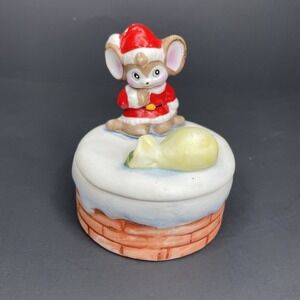 VTG Homco Christmas 8901 Porcelain Santa Mouse With Sack Bag Jewelry Trinket Box